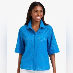 NWT Draper James Evelyn Short Sleeve Button Front Top in Eyelet Royal Blue